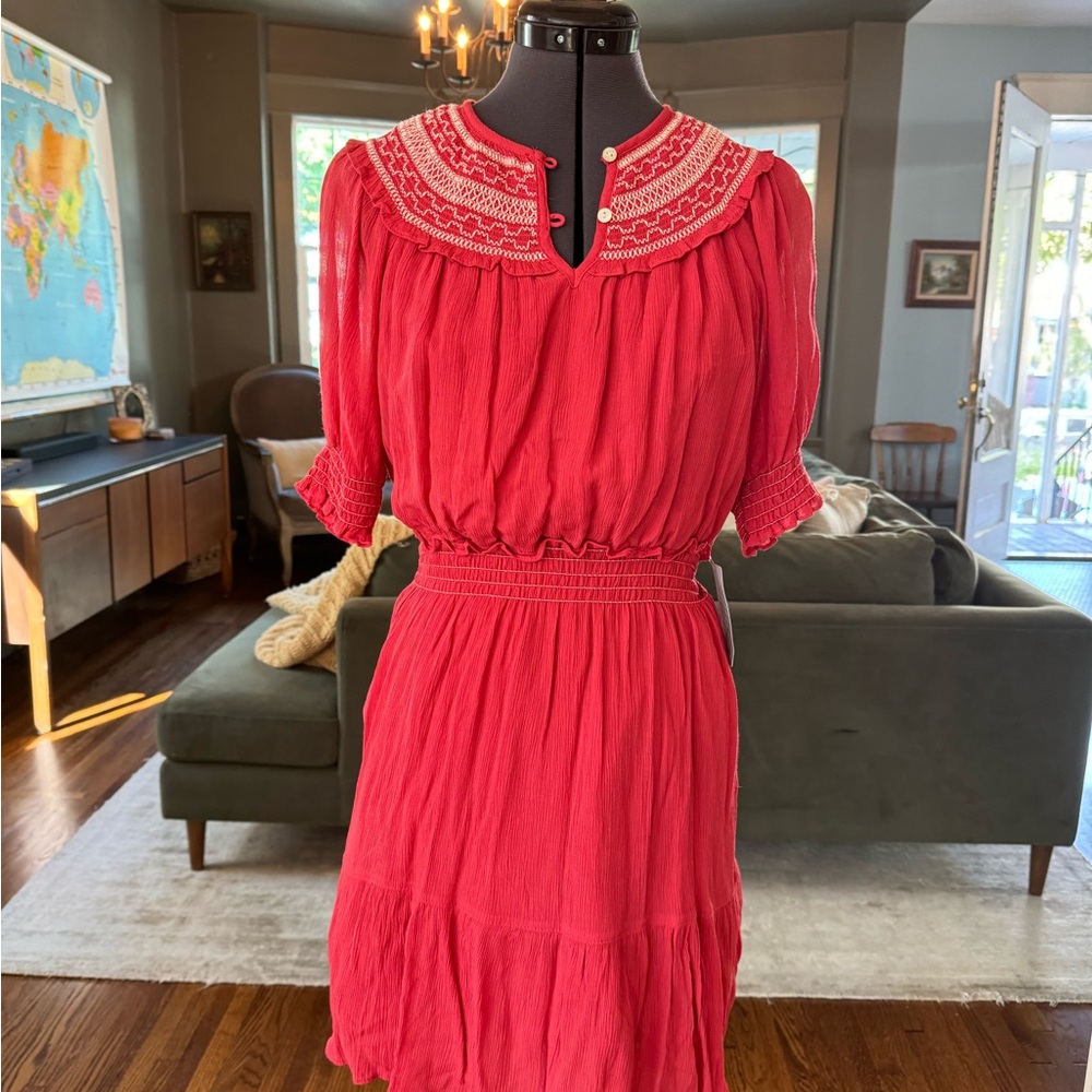 Max Studio Red Embroidered Yoke Midi Dress